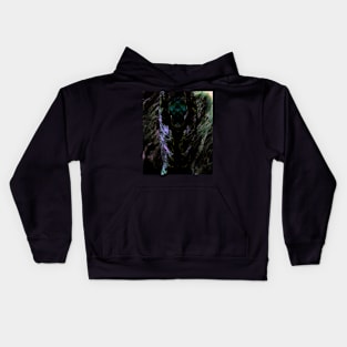 Portrait, digital collage and special processing. Men's back. Mystic. Energy waves. Green and black. Kids Hoodie